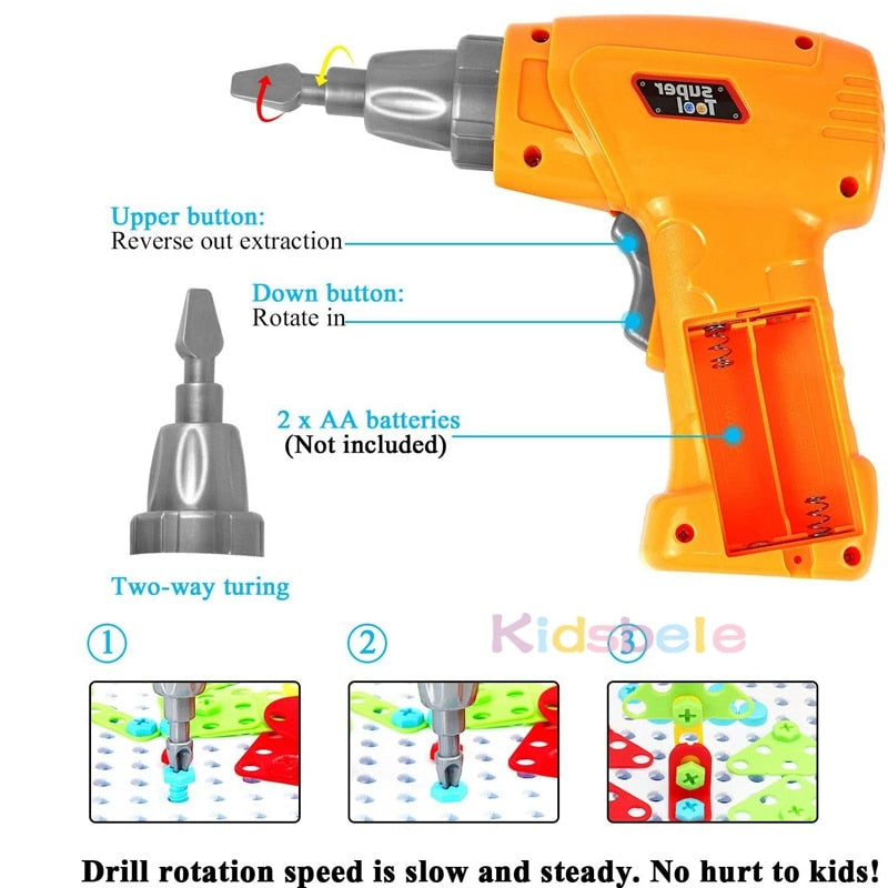 Drilling Screw 3D Creative Mosaic Puzzle Toys For Children Building Bricks Toys Kids DIY Electric Drill Set Boys Educational Toy