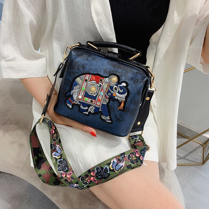 Vintage Embroidery Elephant Bag Bags Wide Butterfly Strap PU Leather Women Shoulder Crossbody Bag Tote Women&#39;s Handbags Purses