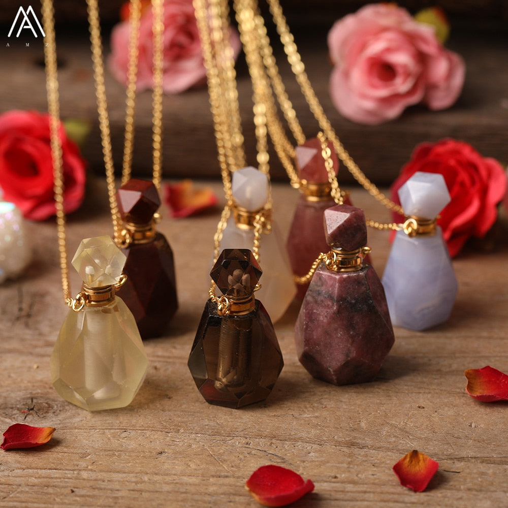 Natural Purple Agates Smoky Color Quartz Rainbow Fluorite Stone Gold Perfume Bottle Pendant For Necklace Making Women Jewelry