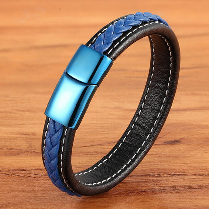 XQNI Classic Luxury Blue Color Leather Combination Stitching Blue Color Simple Buckle For Stainless Steel Leather Men&#39;s Bracelet