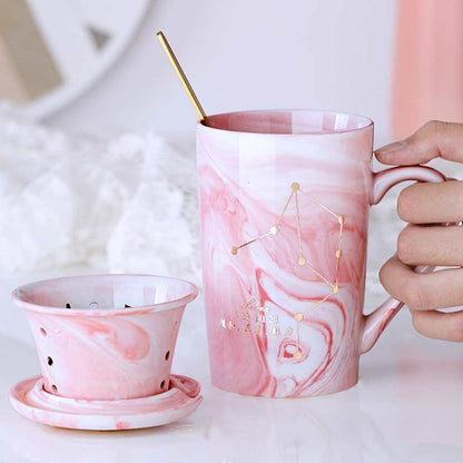 Natural Marble 12 Constellation Ceramic Pink Zodiac Mug With Lid Coffee Mugs Creative Personality Cup 380ml Cups And Mugs Xicara