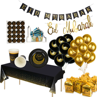 EID Mubarak Golden Banner Balloon Set Disposable Tableware Kit Black Tablecloth Ramadan Kareem Party Supplies Home Decoration