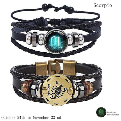 2pcs 12 Constellation Bracelet Zodiac Sign Black Braided Leather Bangle Aries Leo Libra Luminous Dome Jewelry Punk Men Bracelet