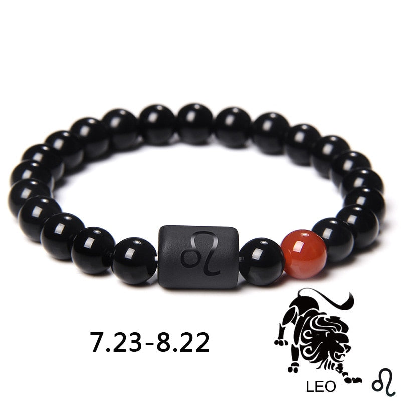 12 Constellation Zodiac Signs Beads Couples Bracelet Natural Black Onyx Stone Elastic Charm Bracelet for Women Men Birthday Gift