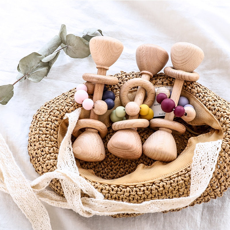 1pc Baby Toys Beech Wooden Rattle Hand Bells Toys Of Newbron Montessori Educational Toys Mobile Rattle Wooden Ring Baby Products