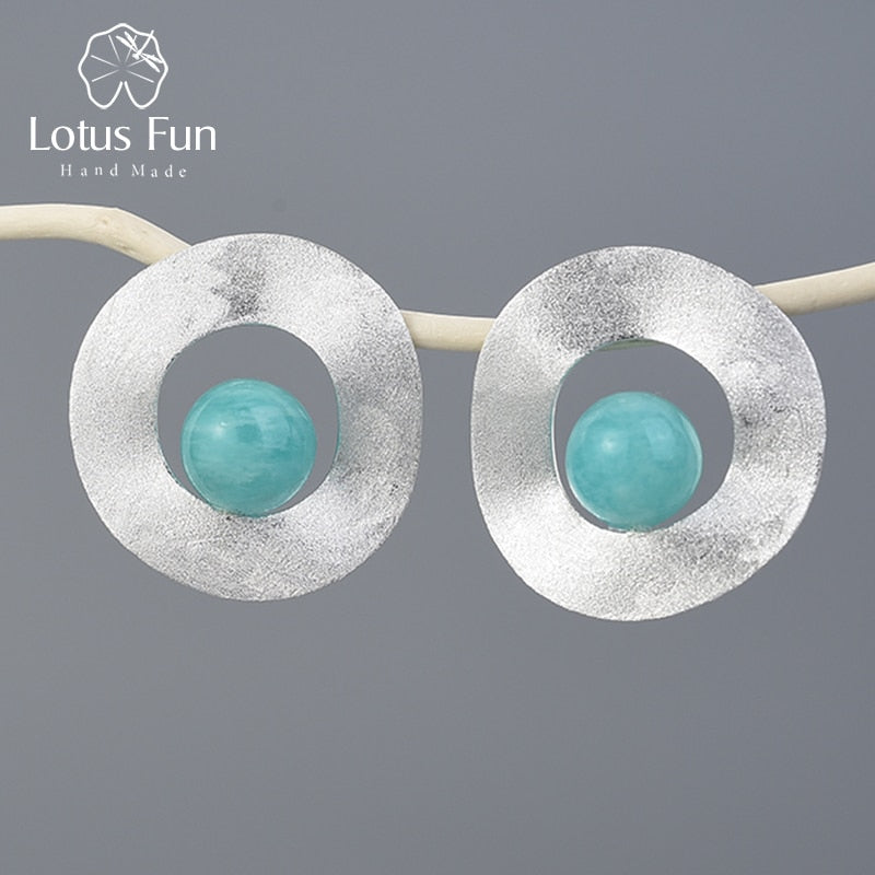 Lotus Fun Natural Gemstone Minimalist Style Uneven Round Stud Earrings Real 925 Sterling Silver 18K Gold Handmade Fine Jewelry