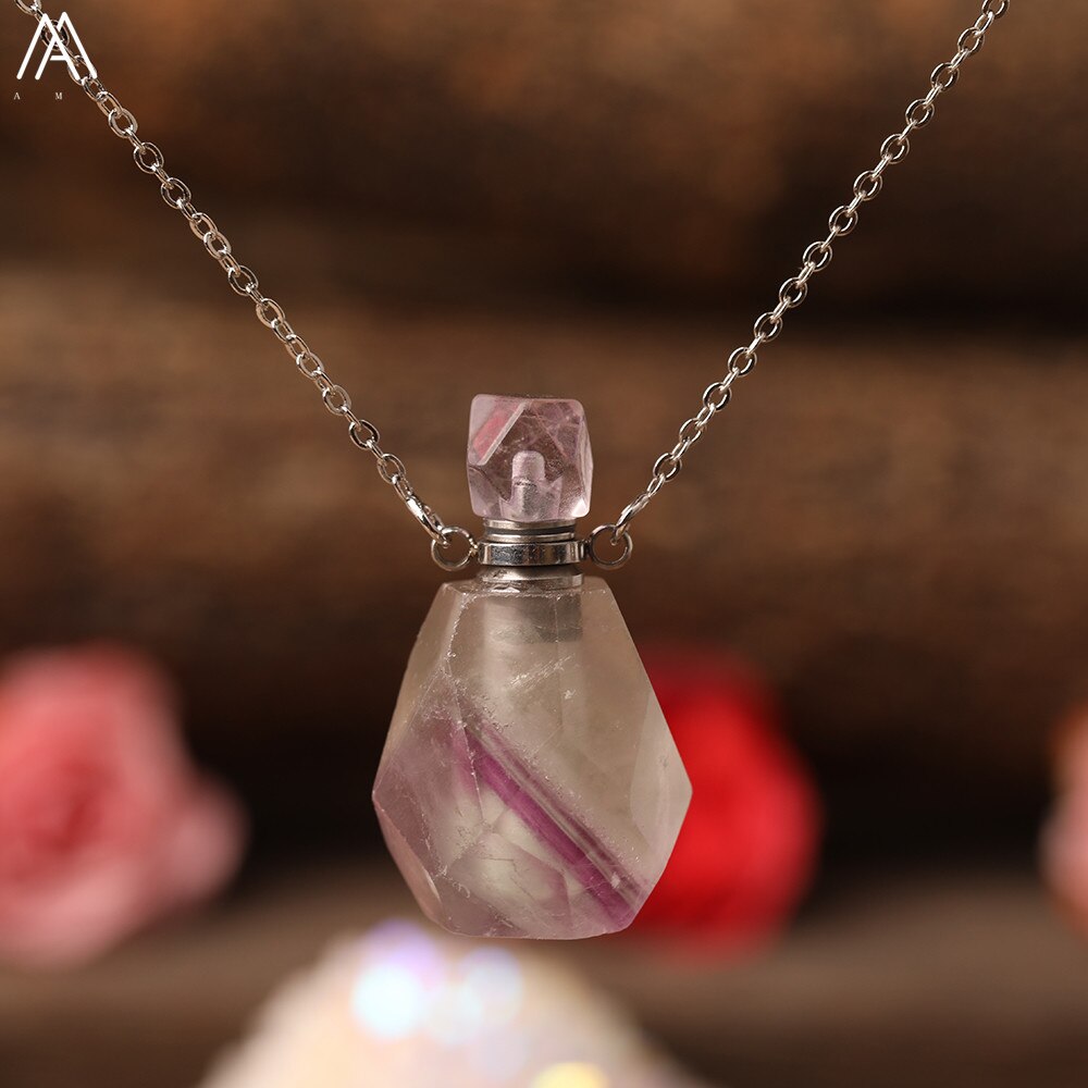 Natural Purple Agates Smoky Color Quartz Rainbow Fluorite Stone Gold Perfume Bottle Pendant For Necklace Making Women Jewelry