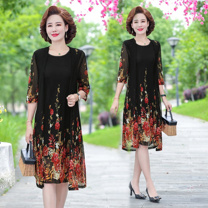 summer Net yarn 2 piece set dress cardigan women 4xl 5xl party midi flower dresses elegant vintage robe femme 2021