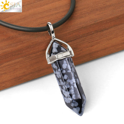 CSJA Real Raw Pink Purple Gem Crystals Necklace Hexagonal Bullet Reiki Chakra Natural Stone Necklace Pendant Women Jewelry E056