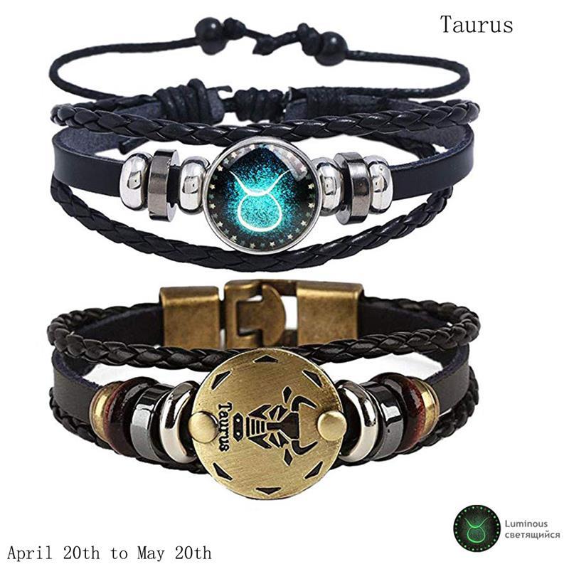 2pcs 12 Constellation Bracelet  Zodiac Sign Black Braided Leather Bangle Aries Leo Libra Luminous Dome Jewelry Punk Men Bracelet