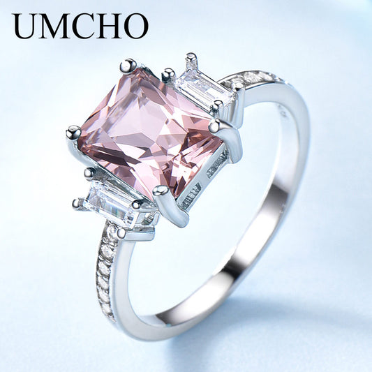 UMCHO Solid Sterling Silver Cushion Morganite Gemstone Rings For Women Engagement Anniversary Band Valentine&#39;s Gift Ring Set