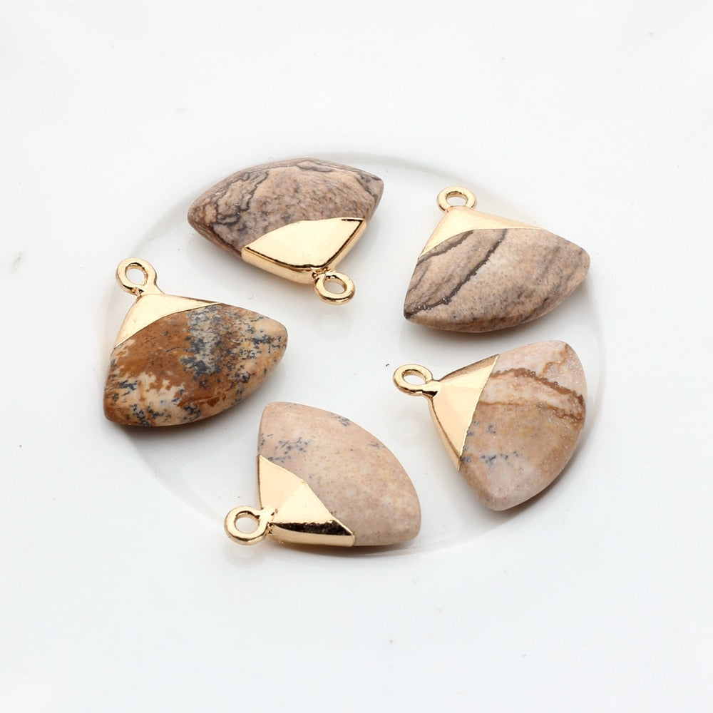 Natural Stone Charms Pendant Copper Fan-shaped Natural Color Agate Stone Charms 2pcs/lot DIY Jewelry Accessories