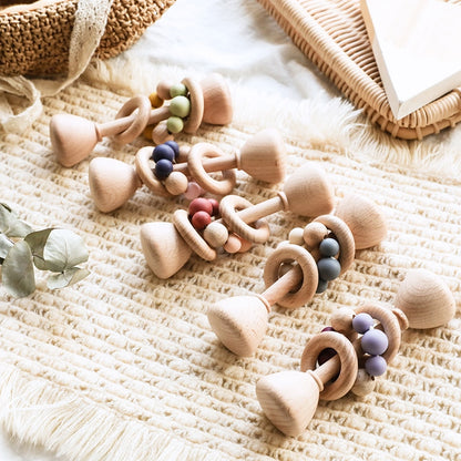 1pc Baby Toys Beech Wooden Rattle Hand Bells Toys Of Newbron Montessori Educational Toys Mobile Rattle Wooden Ring Baby Products