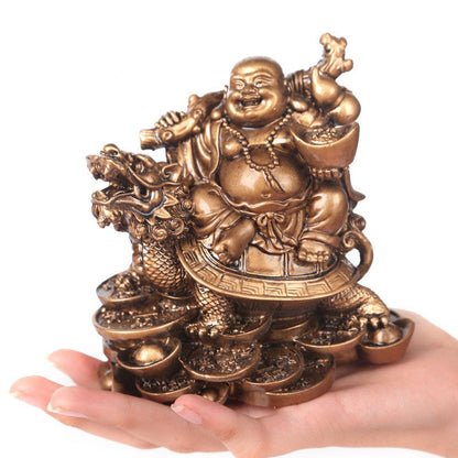 Resin God of Wealth Laughing Buddha Statue，Modern art sculpture，Chinese Home Feng Shui Dragon Turtle Decoration Figurines statue