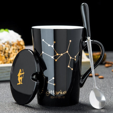 Ceramic Mugs 12 Constellations Creative Mugs With Spoon Lid Black Mug Porcelain Zodiac Milk Coffee Cup Drinkware Couples Gift