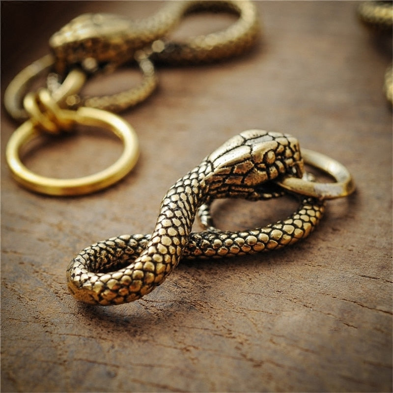 Handmade Pure Copper Zodiac Snake Keychains Pendants Vintage Brass Animal Python Waist Buckle Punk Men Women Car Key Chain Rings