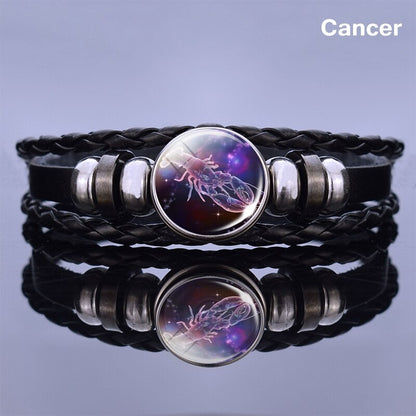 12 Zodiac Signs Glass Dome Leather Bracelet Fashion Jewelry for Couple Aries Taurus Leo Cancer Aquarius Pisces Bangle Bracelet