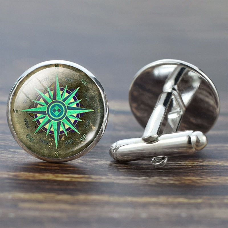 Compass Cuff Links Vintage Compass Clock Sailboat Pattern Alloy Cuff Links for Men Gift Glass Cabochon (It&#39;s Not A Real Compass)