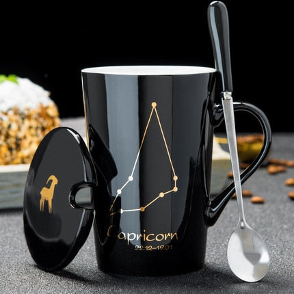 Ceramic Mugs 12 Constellations Creative Mugs With Spoon Lid Black Mug Porcelain Zodiac Milk Coffee Cup Drinkware Couples Gift