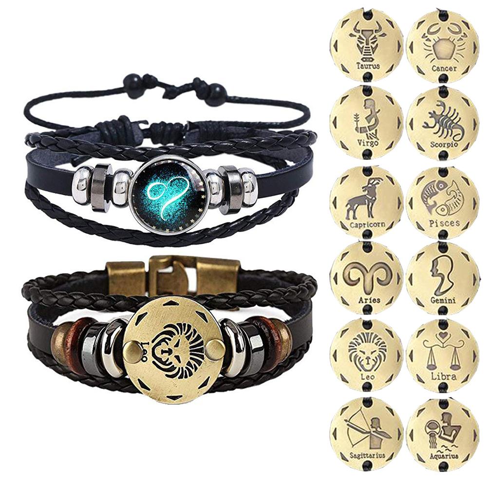 2pcs 12 Constellation Bracelet  Zodiac Sign Black Braided Leather Bangle Aries Leo Libra Luminous Dome Jewelry Punk Men Bracelet