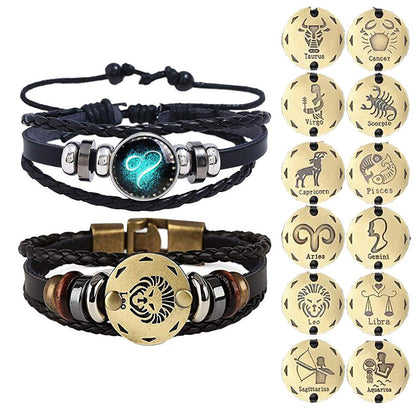 2pcs 12 Constellation Bracelet Zodiac Sign Black Braided Leather Bangle Aries Leo Libra Luminous Dome Jewelry Punk Men Bracelet