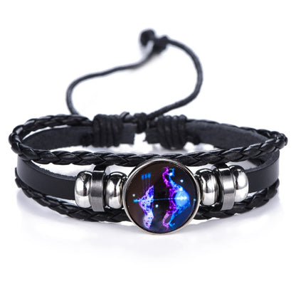 DropShipping Gemini Cancer Leo Virgo Libra Scorpio 12 Constellation Black punk Leather Bracelet Zodiac Bracelet for Men Women