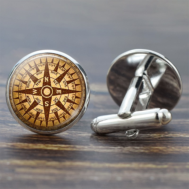 Compass Cuff Links Vintage Compass Clock Sailboat Pattern Alloy Cuff Links for Men Gift Glass Cabochon (It&#39;s Not A Real Compass)