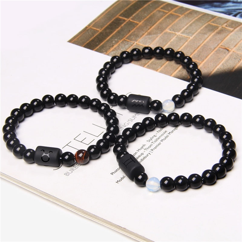 12 Zodiac Signs Couples Bracelet Natural Stone Beaded Charm Bracelet Best Friend Leo Virgo Libra Stretch Bracelet for Men Women