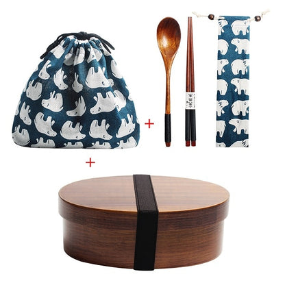 Wooden Lunch Box Picnic  Japanese Bento Box for School Kids Dinnerware Set with Bag&amp;Spoon Fork Chopsticks Round Square Lunch Box