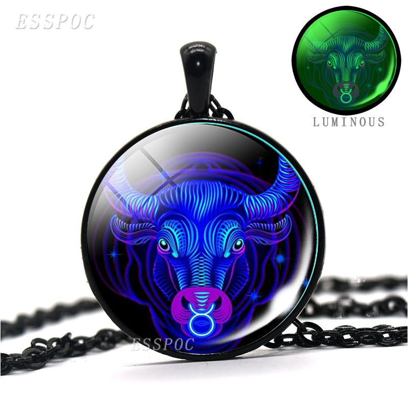 12 Constellations Necklace 12 Zodiac Signs Luminous Glass Cabochon Necklace Leo Virgo Cancer Libra Gemini Pisces Aries Necklace