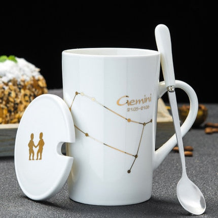 Ceramic Mugs 12 Constellations Creative Mugs With Spoon Lid Black Mug Porcelain Zodiac Milk Coffee Cup Drinkware Couples Gift