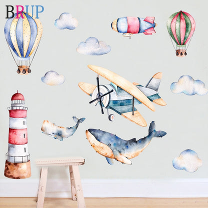 Hand Painted Style Hot Air Balloon Wall Stickers Sharks Airplane Wall Decals for Kids Room Baby Nursery Decoration Home Decor