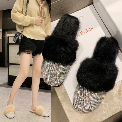 Big Size Slippers Female Ladies Designer Shoes Women Luxury 2023 Rhinestone Fur Crystal Slides Mules Slippers Furry Lady Shoes