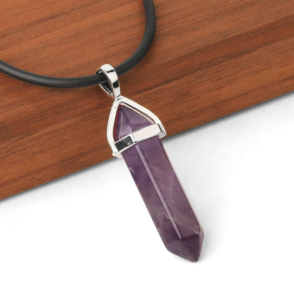 CSJA Real Raw Pink Purple Gem Crystals Necklace Hexagonal Bullet Reiki Chakra Natural Stone Necklace Pendant Women Jewelry E056