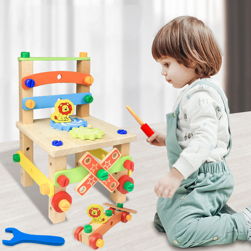 Wooden Assembling Chair Montessori Toys Baby Educational Wooden Blocks Toy Preschool Children Variety Nut Combination Chair Tool