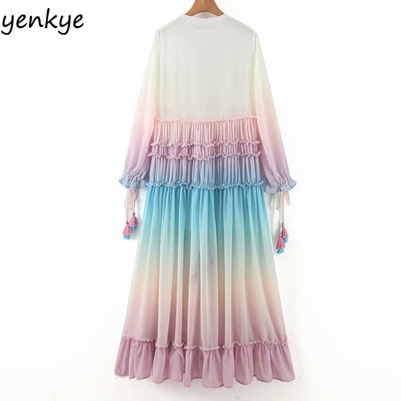 Multicolor Gradient Print Long Maxi Dress Women V Neck Long Sleeve Ruffle Holiday Boho Beach Dress A-line Chiffon Dress