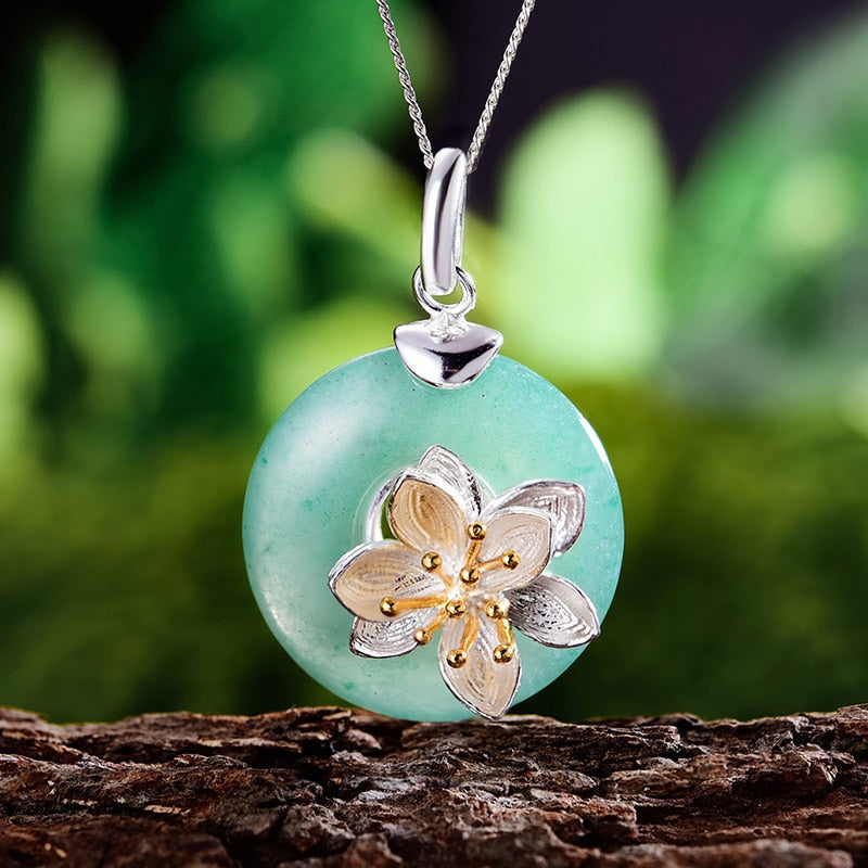 Lotus Fun Real 925 Sterling Silver Natural Aventurine Green Gemstone Fine Jewelry Lotus Whispers Pendant for Women without Chain