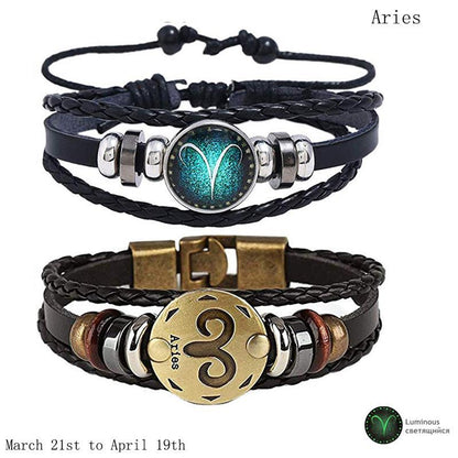 2pcs 12 Constellation Bracelet Zodiac Sign Black Braided Leather Bangle Aries Leo Libra Luminous Dome Jewelry Punk Men Bracelet