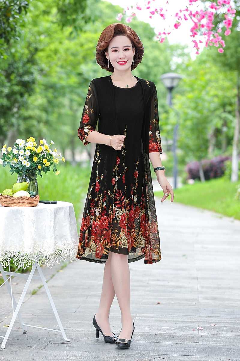 summer Net yarn 2 piece set dress cardigan women 4xl 5xl party midi flower dresses elegant vintage robe femme 2021