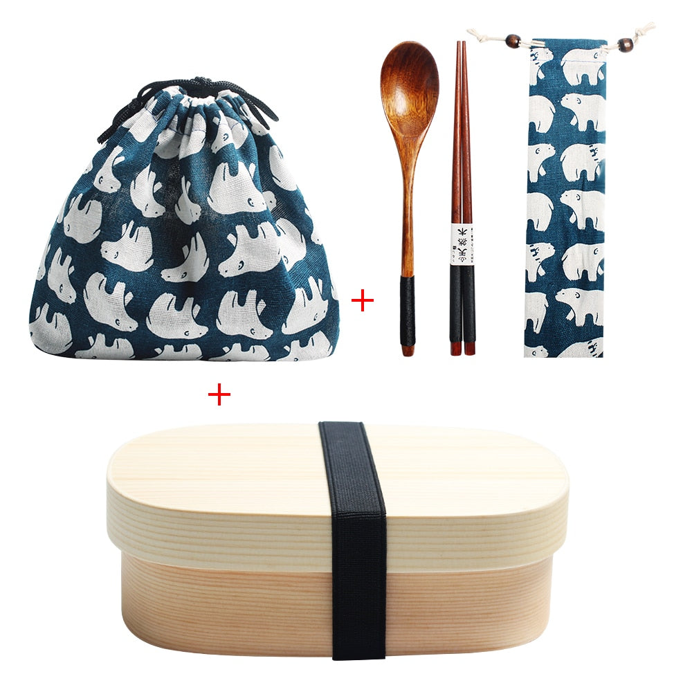 Wooden Lunch Box Picnic  Japanese Bento Box for School Kids Dinnerware Set with Bag&amp;Spoon Fork Chopsticks Round Square Lunch Box