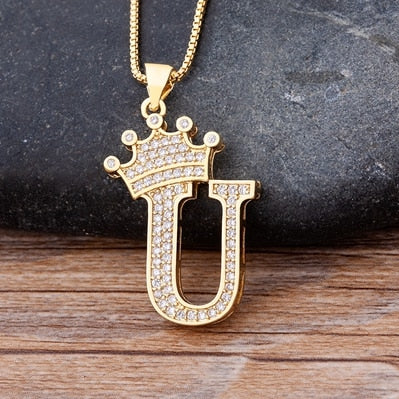 Nidin New Luxury Copper Zircon A-Z Crown Alphabet Pendant Chain Necklace Hip-Hop Style Fashion Woman Man Initial Name Jewelry