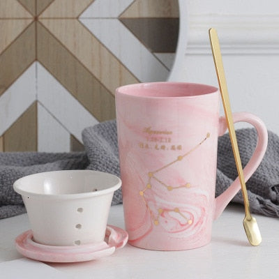 Natural Marble 12 Constellation Ceramic Pink Zodiac Mug With Lid Coffee Mugs Creative Personality Cup 380ml Cups And Mugs Xicara