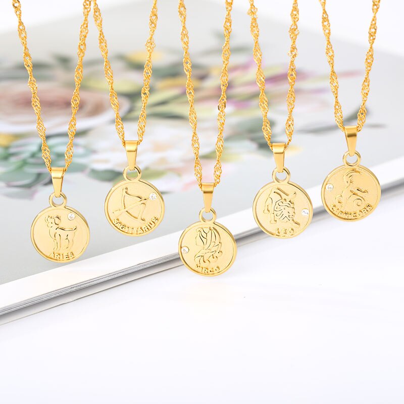 Round Coin Pendant Zodiac Sign Stainless Steel Minimalism Jewelry For Women Girl Aquarius Pisces Sagittarius Necklaces BFF