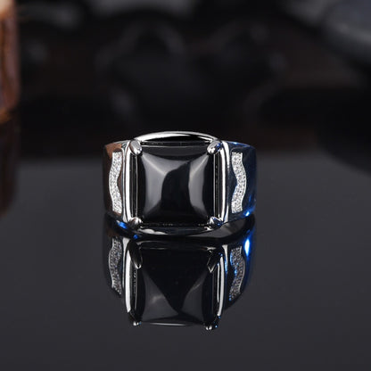 Trendy Men Ring Silver 925 Jewelry Accessories with Obsidian Zircon Gemstone Open Finger Rings for Wedding Engagement Party Gift