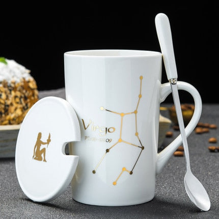 Ceramic Mugs 12 Constellations Creative Mugs With Spoon Lid Black Mug Porcelain Zodiac Milk Coffee Cup Drinkware Couples Gift