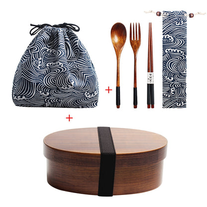 Wooden Lunch Box Picnic  Japanese Bento Box for School Kids Dinnerware Set with Bag&amp;Spoon Fork Chopsticks Round Square Lunch Box