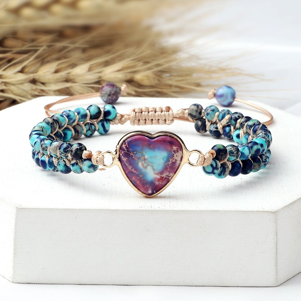 Emperor Stone Heart-Shape Pendant Beaded Bracelets Natural Stone Women Bohemia Chakra Braided Bracelet for Men Handmade Jewelry