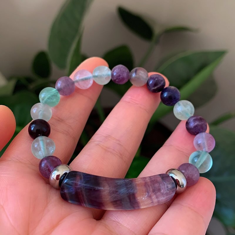 Natural Stone Strand Beads Bracelet Reiki Healing Amethysts Purple Green Fluorite Quartz Crystal Rectangle Bar Charms Bracelets