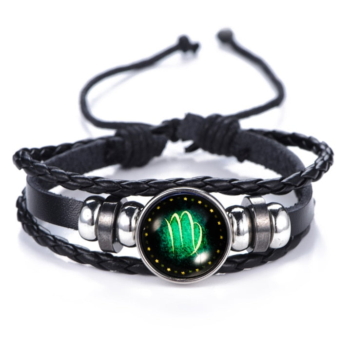 DropShipping Gemini Cancer Leo Virgo Libra Scorpio 12 Constellation Black punk Leather Bracelet Zodiac Bracelet for Men Women