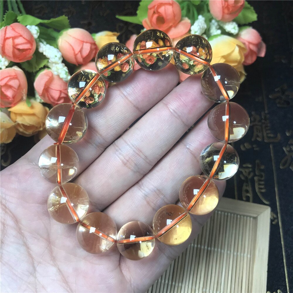 15mm Natural Yellow Citrine Bracelet Jewelry For Women Lady Men Wealth Reiki Gift Crystal Round Clear Beads Rare Gemstone AAAAA